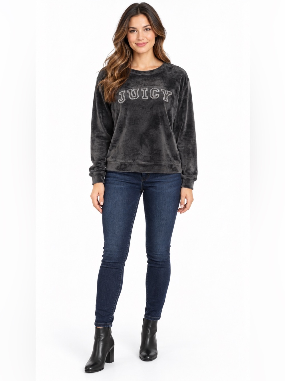 Juicy Couture Black Velvet Rhinestone Logo Crewneck Sweater